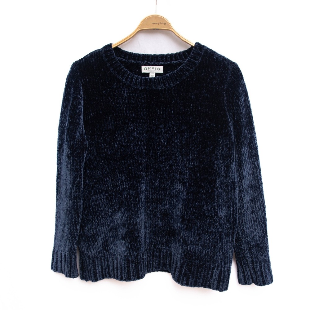 Orvis Sweater Womens Small Blue Chenille Silky Chunky Boxy Outdoor Pullover